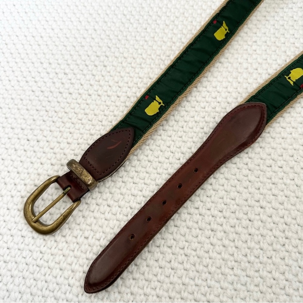 Masters Green Beige Canvas Leather Brass Buckle Unisex Belt 32 XS Small Golf